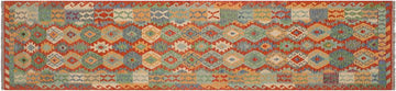 Flat Weave Kilim, Antique, Navaho, Vintage, Handmade, Geometric Kilim Rust Blue Hand-Woven Runner 100% Wool Area Rug 3 x 13